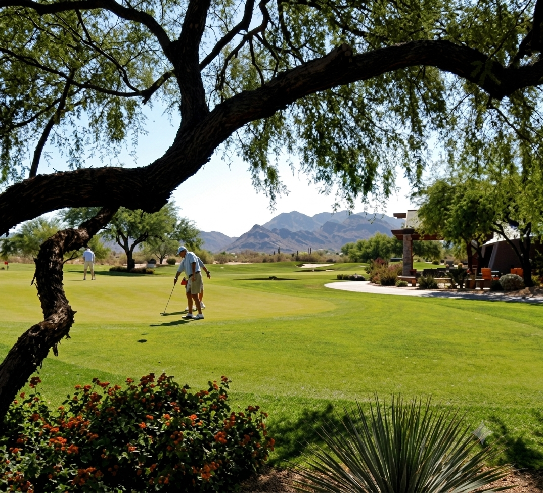 Group of people playing golf on a lush green field surrounded by trees, plants, and flowers