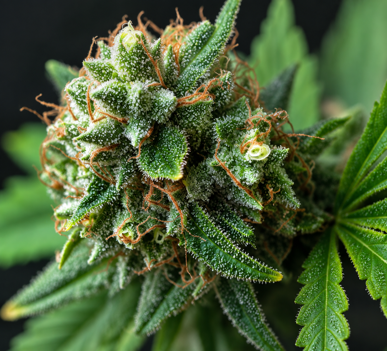Close up of a cannabis plant with green leaves and buds, set against a black background