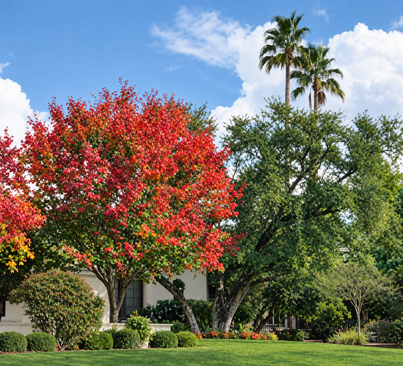 House with a tree in front of it, surrounded by lush green grass and other plants and trees